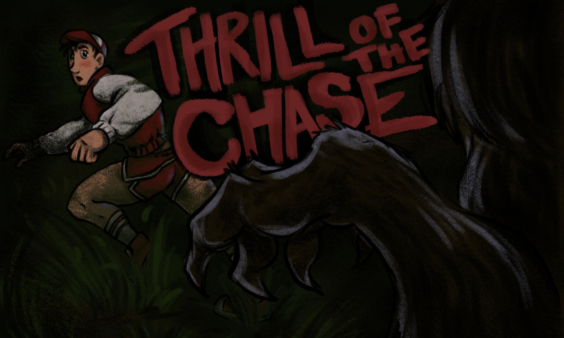 Thrill of the Chase young man in athletic clothes is running in a dark forest with an imposing claw of a werewolf behind him. Title text reads "Thrill of the Chase"